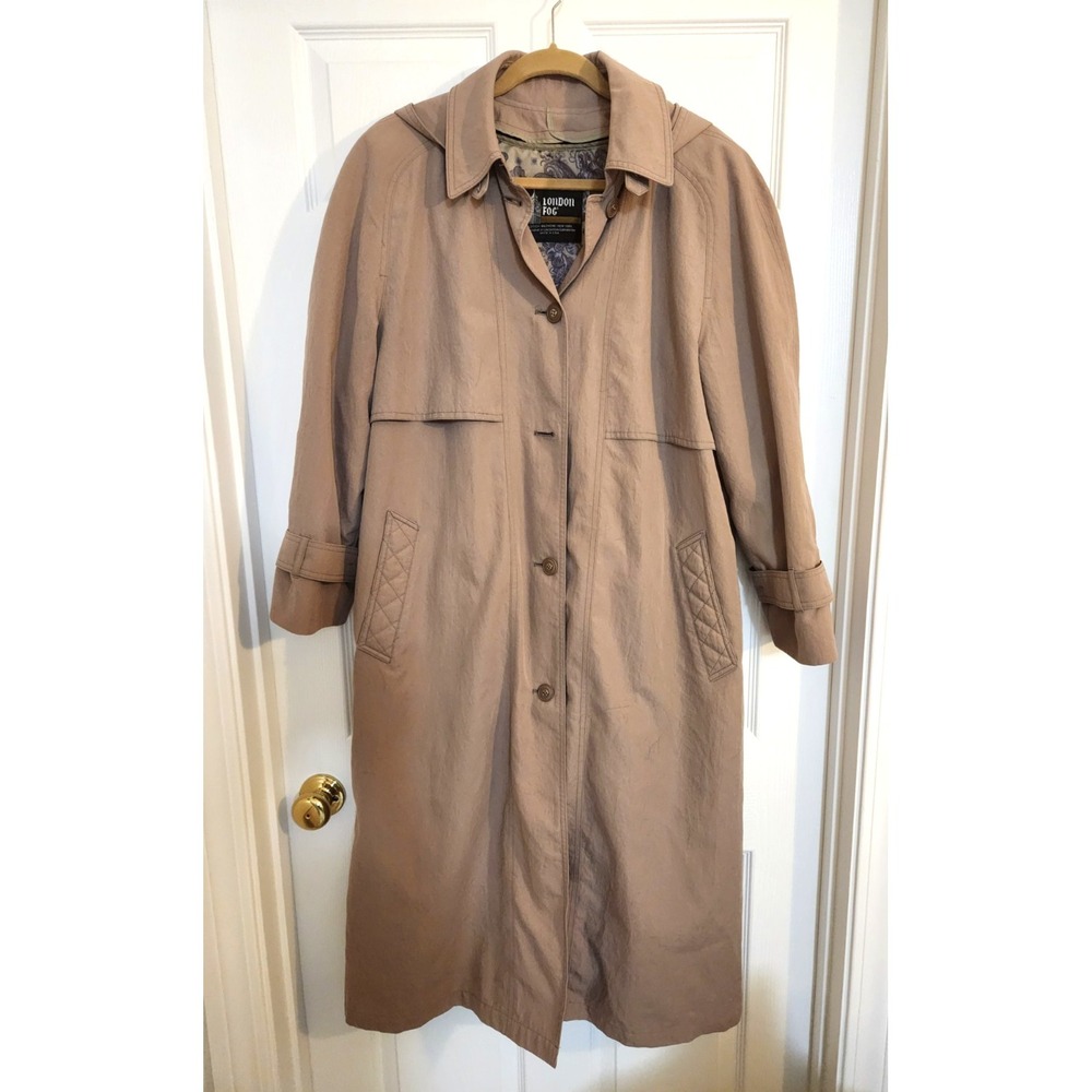 London Fog Women's Taupe Trench Coat Sz 12 Regular Removable Floral Liner NICE